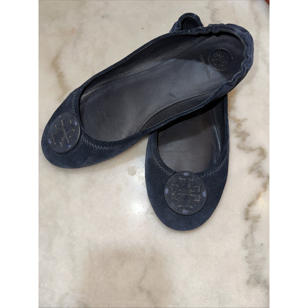 Tory Burch Minnie Travel Ballet Flats in Navy Suede with Pave Logo Size 8.5